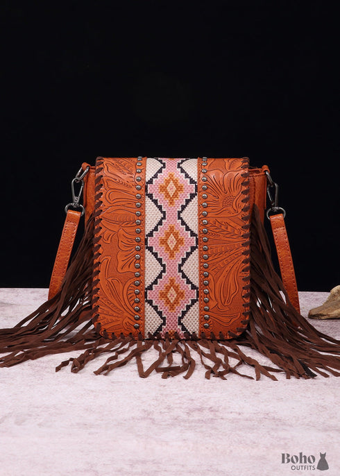 Boho Leather Carved Shoulder Bag